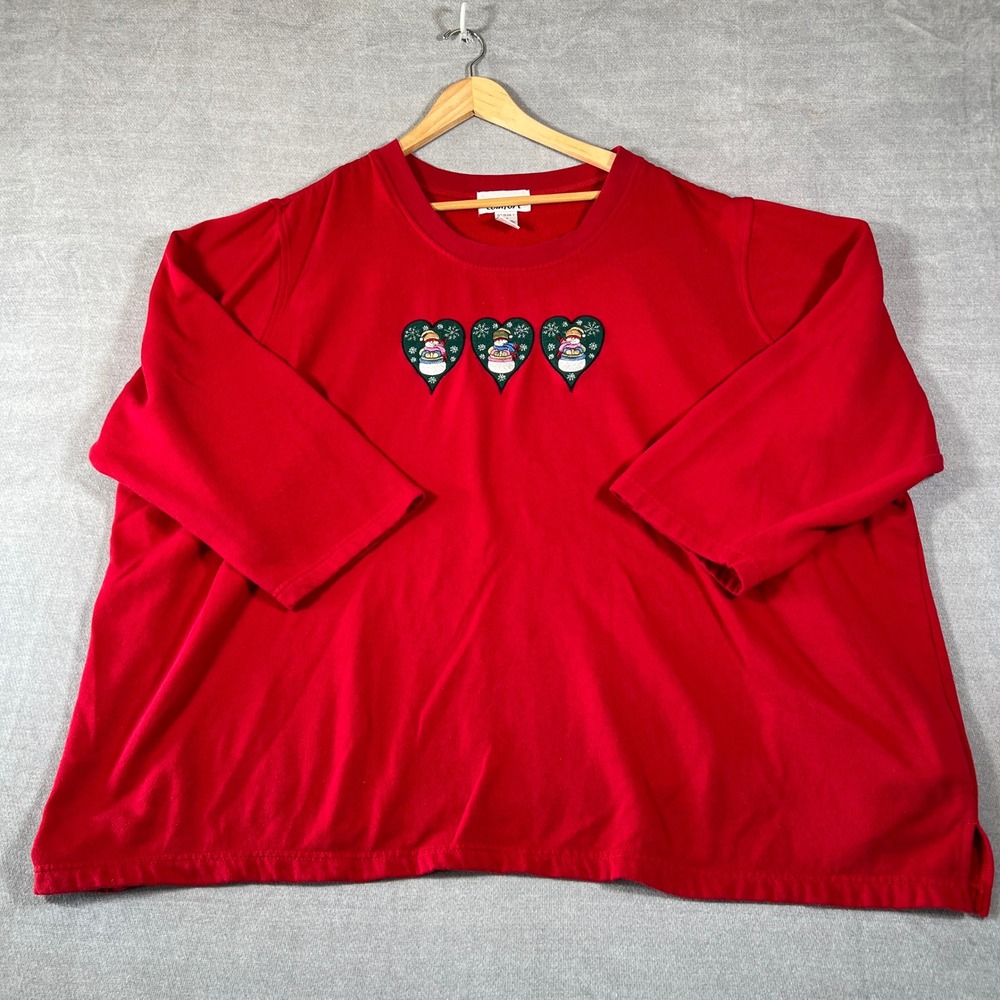 All American Comfort Snowman Heart Embroidered Sweatshirt Women 4X Red Cotton
